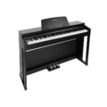 Piano noir vu de face sur fond blanc
