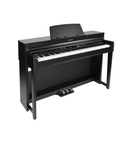 Piano noir sur fond blanc vu de face